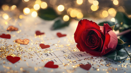 A beautiful red rose sits elegantly on a glittery background adorned with hearts, creating a perfect romantic atmosphere for Valentine's Day celebrations and love-filled occasions.の素材