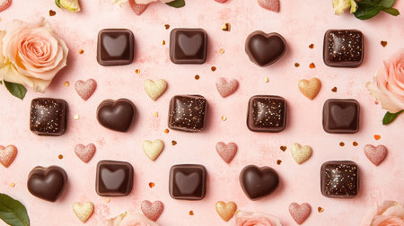 Delightful assortment of heart-shaped chocolates surrounded by roses on a soft pink background, perfect for celebrations, gifts, or romantic occasions.の素材