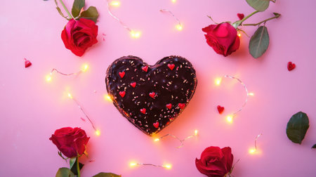 A stunning heart-shaped chocolate cake decorated with red hearts and surrounded by vibrant roses. Twinkling lights add a warm touch, perfect for romantic occasions.の素材