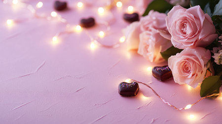 This enchanting image features delicate pink roses, heart-shaped chocolates, and twinkling fairy lights, creating a romantic atmosphere perfect for any celebration.の素材