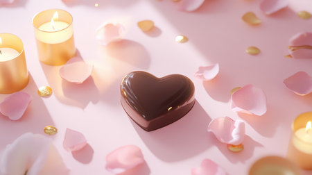 A beautifully arranged heart-shaped chocolate sits among soft petals and glowing candles, perfect for romantic occasions and celebrations of love.の素材