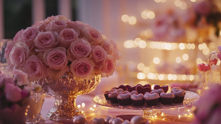 A beautifully arranged table featuring delicate pink roses alongside delightful cupcakes. Soft lights create a romantic ambiance, perfect for celebrations.の素材