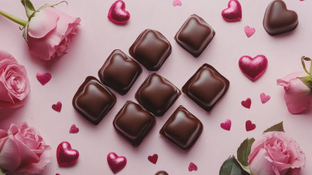 A delightful arrangement of rich chocolate treats nestled among soft pink roses and decorative hearts, perfect for romantic occasions and celebrations.の素材