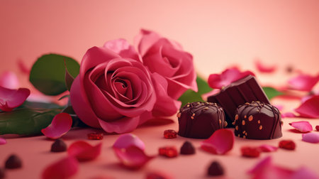 A beautiful arrangement featuring pink roses and assorted chocolates, perfect for romantic moments. The soft background enhances the elegance and charm of this delightful composition.の素材