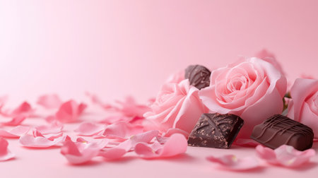 A beautiful arrangement featuring soft pink roses and rich dark chocolates on a gentle background. Perfect for celebrations of love, beauty, and sweetness.の素材