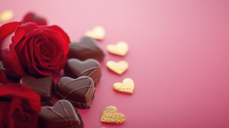Beautiful arrangement of rich chocolate hearts and vibrant red roses, perfect for celebrating love. Ideal for romantic occasions, gifts, and sweet gestures.の素材