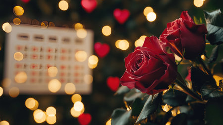 A stunning composition featuring vibrant red roses set against a backdrop of warm bokeh lights and a calendar, evoking feelings of love and romance.の素材