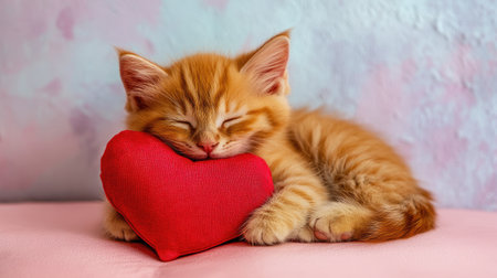 A charming ginger kitten sleeps peacefully on a heart-shaped pillow, embodying comfort and love. Its soft fur and restful pose evoke warmth and joy.の素材