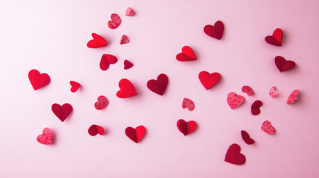 A vibrant arrangement of colorful paper hearts scattered on a soft pink background. Perfect for expressing love and creativity in romantic designs and celebrations.の素材