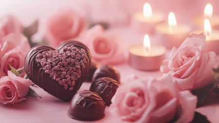 A romantic setting featuring a chocolate heart surrounded by elegant roses and soft candlelight, perfect for celebrating love and special moments.の素材