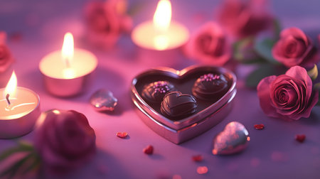 A heart-shaped box of chocolates surrounded by glowing candles and vibrant roses, creating a romantic and warm atmosphere perfect for celebrations of love.の素材