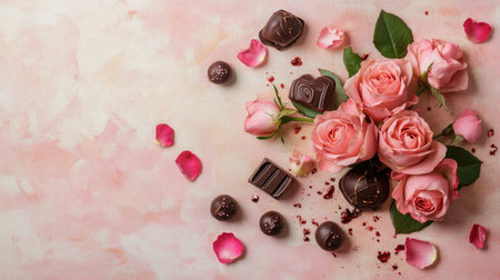 This romantic composition features pink roses and assorted chocolates on a soft pastel background, perfect for celebrations of love and special occasions.の素材