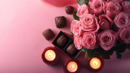 A beautiful flat lay showcasing pink roses, decadent chocolates, and glowing candles, perfect for romantic occasions and celebrations of love and affection.の素材