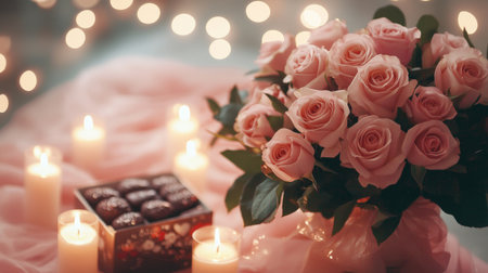 A romantic arrangement featuring a bouquet of pink roses, lit candles, and delicious chocolates. Perfect for celebrating love and special moments.の素材