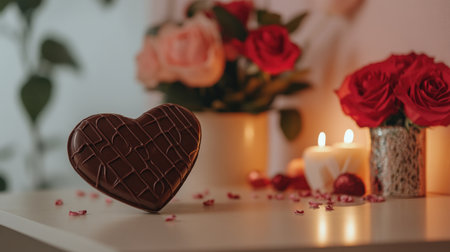 This image features a beautifully crafted heart-shaped chocolate resting on a table surrounded by vibrant roses and soft candlelight, creating a romantic atmosphere.の素材