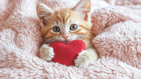 An adorable orange kitten comfortably nestled in a fluffy blanket, holding a red heart. This charming image captures the essence of love and companionship.の素材