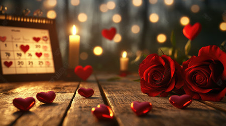 A romantic scene featuring red roses, candles, and heart decorations on a rustic wooden table. Perfect for celebrating love and special moments.の素材