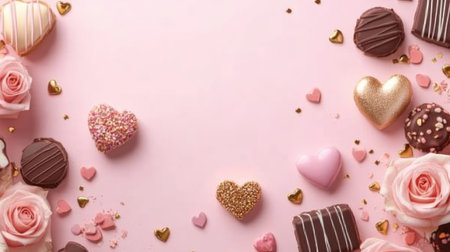 A romantic arrangement featuring roses, chocolates, and sweet treats on a soft pink background. Perfect for celebrations, gifts, and special occasions.の素材