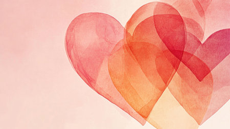 This artwork features soft, overlapping watercolor hearts in warm shades of pink and red. It creates a romantic and tender atmosphere, perfect for expressing love and affection.の素材