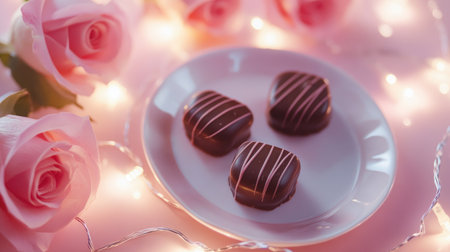 A lovely arrangement featuring rich chocolate treats on a white plate surrounded by delicate pink roses and sparkling lights, perfect for romantic occasions.の素材
