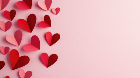 A vibrant arrangement of colorful paper hearts in shades of red scattered on a soft pink background. Ideal for themes of love and celebration.の素材