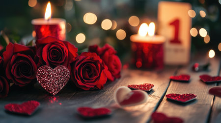 Capture the essence of romance with this beautiful scene featuring red roses, twinkling candles, and glittering hearts. Perfect for Valentine's Day or intimate celebrations.の素材
