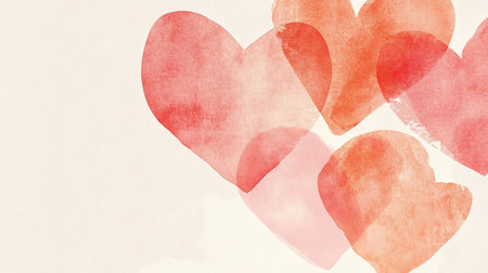This charming image features soft, watercolor hearts in warm hues, perfect for romantic themes, decoration, and artistic projects. Ideal for expressing love.の素材
