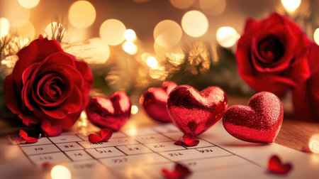 A beautifully arranged scene featuring red hearts, roses, and soft bokeh lights, perfect for capturing the essence of romance and celebration.の素材