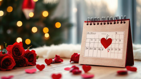 A charming calendar featuring a heart design sits on a wooden table surrounded by red roses and playful heart shapes, perfect for romantic celebrations.の素材