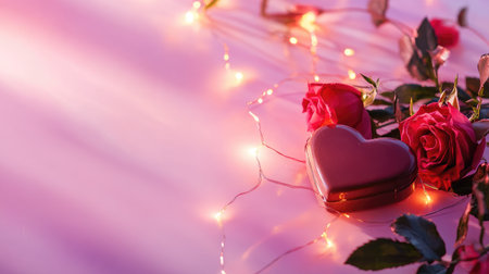 A romantic setup featuring a heart-shaped box, red roses, and warm string lights, creating a perfect atmosphere for love and celebration.の素材