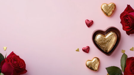 This romantic composition features a soft pink background adorned with beautiful roses and heart-shaped chocolates, perfect for declarations of love and affection.の素材