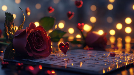 A romantic arrangement featuring a beautiful rose, sparkling hearts, and a calendar surrounded by warm, soft lights perfect for love celebrations and special moments.の素材