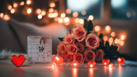 A beautiful still life featuring a calendar beside a bouquet of pink roses and glowing hearts, creating a romantic ambiance perfect for love celebrations.の素材