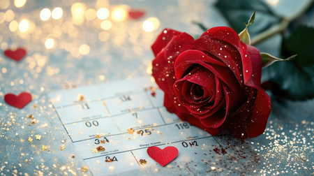 A vibrant red rose rests on a softly lit calendar, adorned with heart decorations, capturing the essence of love and romance for special occasions.の素材