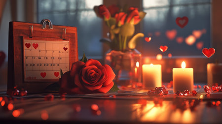 A captivating scene filled with romance, featuring a single red rose, warmly lit candles, and heart decorations, perfect for celebrating love or special moments.の素材