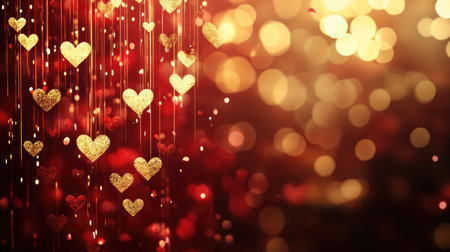 Delightful golden hearts dangle against a vivid red and gold bokeh background, creating a joyful and romantic atmosphere perfect for celebrations.の素材