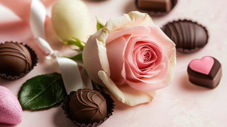 A delicate pink rose surrounded by assorted chocolates on a soft pink background. This romantic arrangement evokes elegance and sweetness, perfect for gifts.の素材