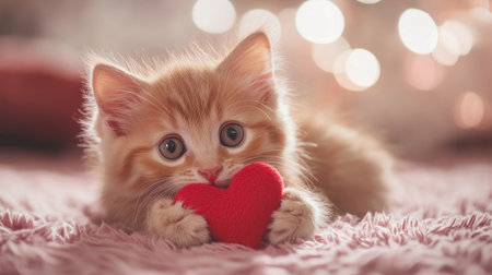 An adorable orange kitten poses with a red heart toy, showcasing a cute expression against a warm, softly lit backdrop. This image embodies joy and love.の素材