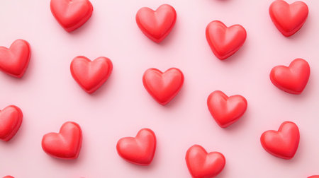 A vibrant arrangement of colorful heart shapes on a soft pink background, perfect for themes of love, celebration, and joy in various creative projects.の素材