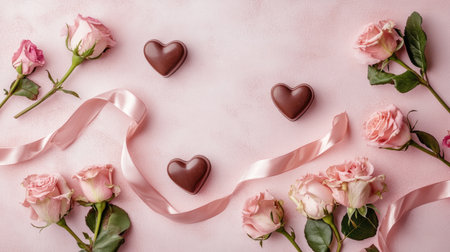 A charming arrangement featuring pink roses and heart-shaped chocolates on a soft background, perfect for romantic occasions and celebrations of love.の素材