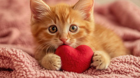 This charming orange kitten snuggles with a heart-shaped toy on a soft pink blanket. Its playful expression brings warmth and joy, perfect for love-themed imagery.の素材