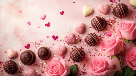 Enticing arrangement of chocolate treats and pink roses, adorned with heart confetti, perfect for romantic occasions, celebrations, and sweet gifts.の素材