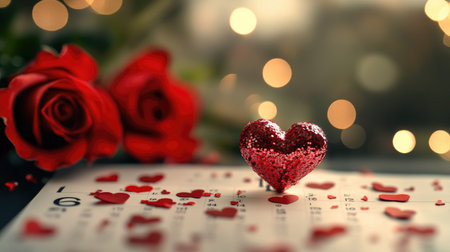 A captivating heart-shaped decoration glimmers among scattered heart confetti, set against a romantic calendar and roses, capturing the essence of love and celebration.の素材