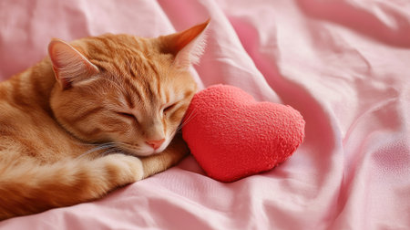 A serene scene featuring a sleeping ginger cat resting beside a heart-shaped pillow on soft pink fabric, evoking feelings of warmth and tranquility.の素材
