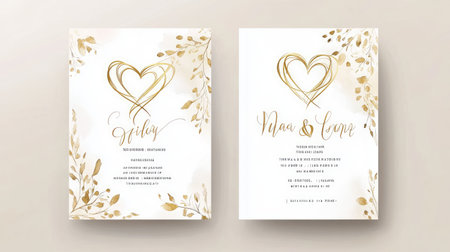 This elegant wedding invitation features gold heart motifs and delicate floral accents, perfect for announcing a romantic celebration of love and commitment.の素材