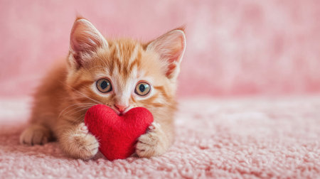 This charming orange kitten cradles a soft red heart, exuding warmth and affection. The fluffy pet rests on a pink surface, perfect for love-themed visuals.の素材