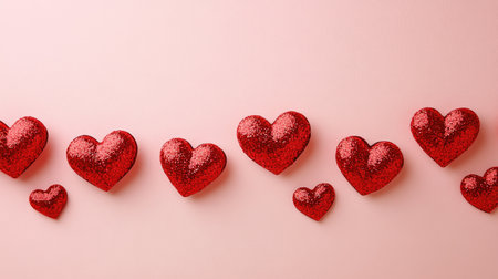 A delightful display of sparkling red hearts set against a soft pink background. Perfect for romantic themes, celebrations, or creative projects.の素材