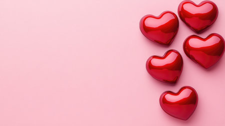 Five shiny red heart decorations rest on a soft pink background, creating a romantic and festive atmosphere perfect for celebrations and expressions of love.の素材