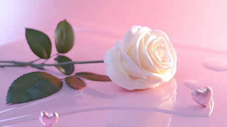 A beautiful white rose rests on a soft pink surface with lightweight hearts, creating a serene and romantic atmosphere perfect for love-themed designs.の素材