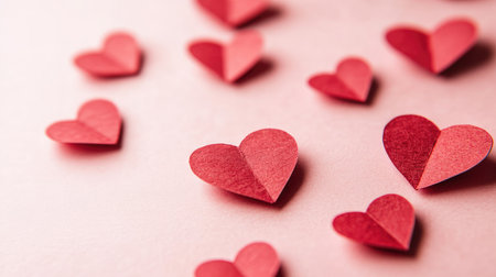 A collection of small red paper hearts scattered on a light pink background, perfect for themes of love and romance, ideal for creative designs and decorations.の素材